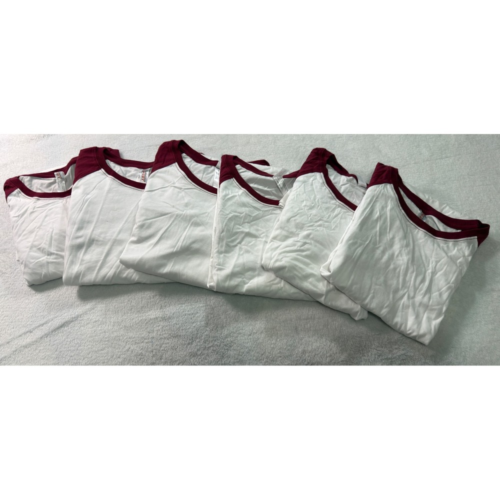 Royal Avalon Mens Raglan Baseball Tee Long Sleeve White‎ Burgundy Shirt L 6Pk